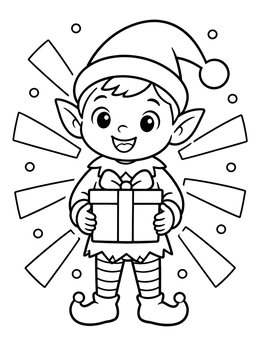 Free printable Cheerful Holiday Elf With Gift coloring page