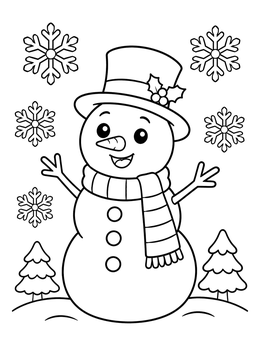Free printable Cheerful Snowman In Winter Landscape coloring page