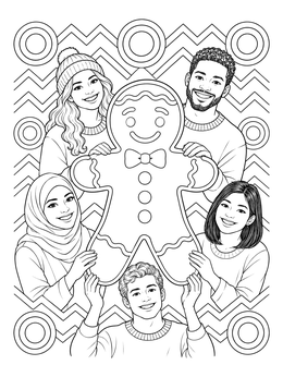 A festive christmas pop art coloring page of diverse smiling friends holding a giant gingerbread man.