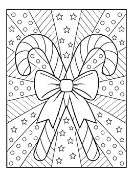 A festive christmas pop art coloring page featuring crossed candy canes with a bow and sunburst background.