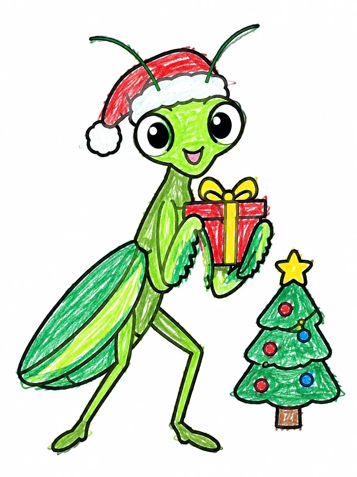 Colored example of the Christmas Praying Mantis With Gift coloring page