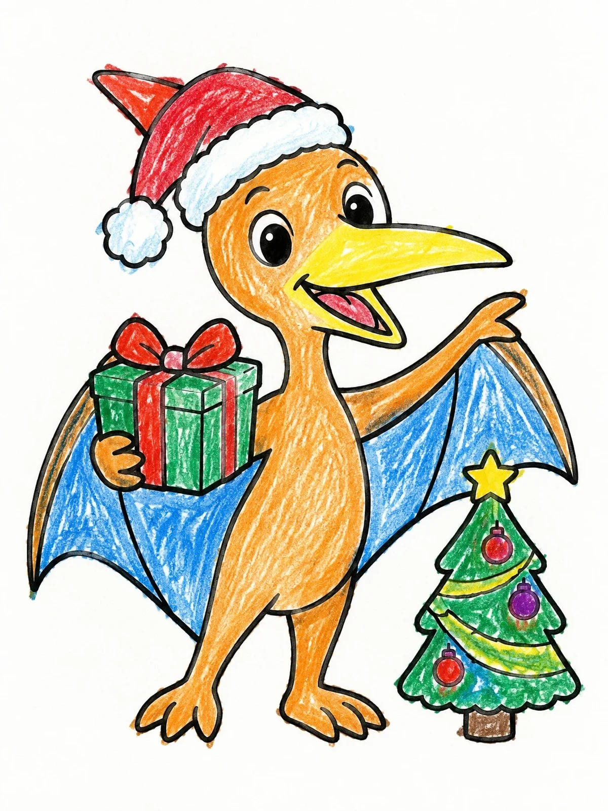 Colored example of the Cute Christmas Pteranodon With Tree coloring page