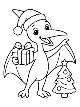 Free printable Cute Christmas Pteranodon With Tree coloring page