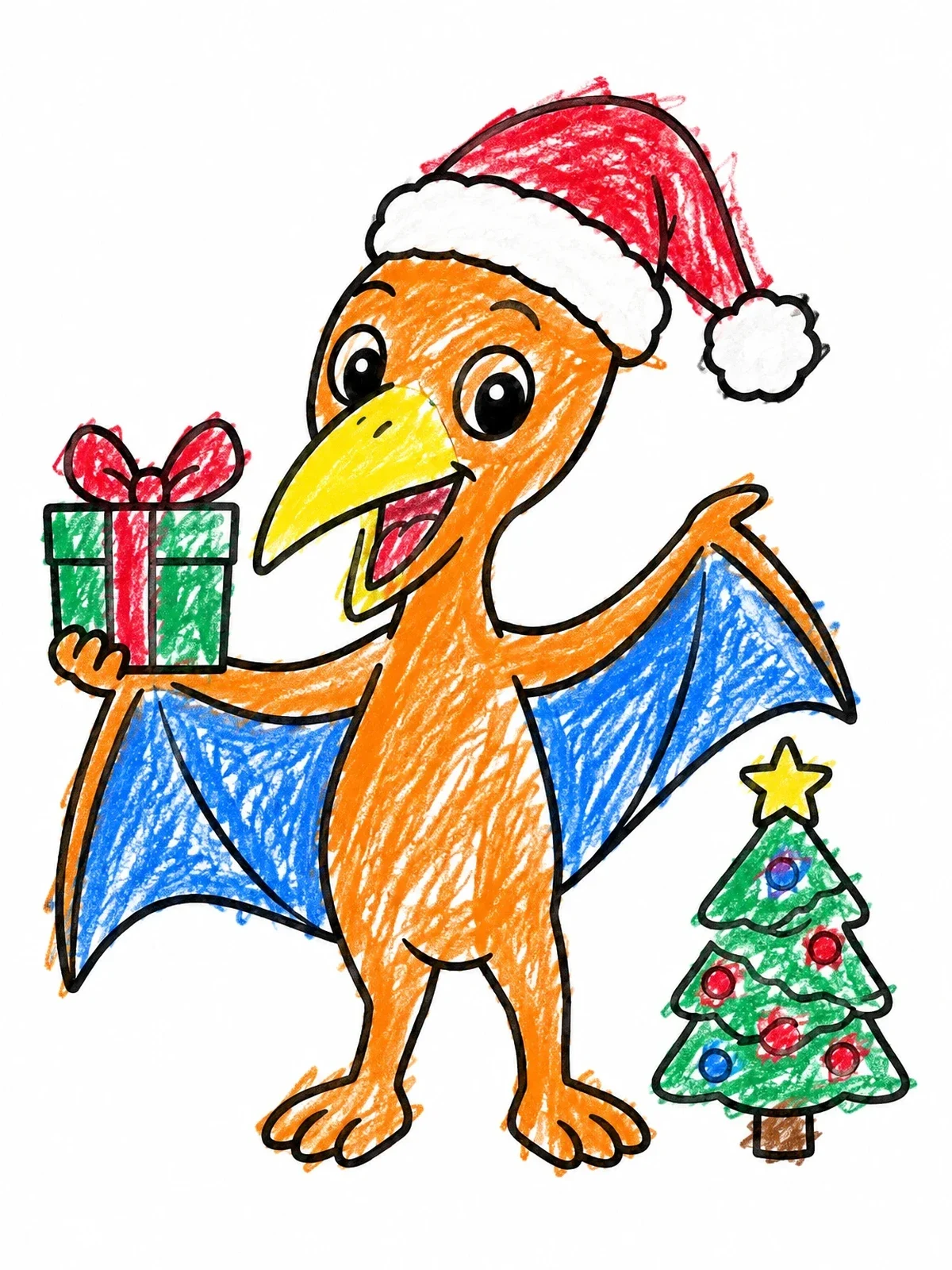 Colored example of the Christmas Pterodactyl With Present And Tree coloring page