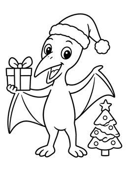 A cheerful pterodactyl coloring page showing a dino in a Santa hat holding a Christmas gift.