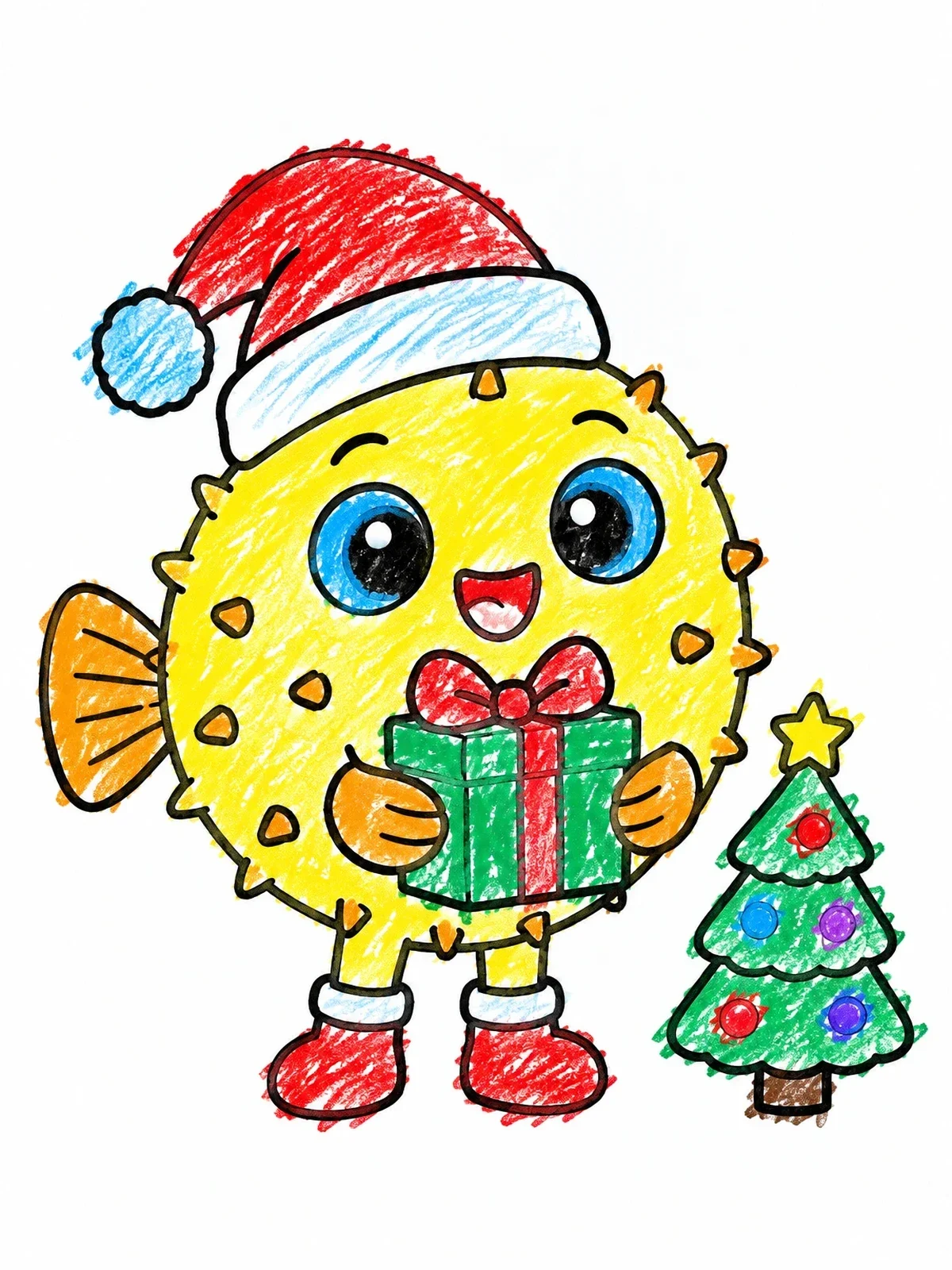 Colored example of the Christmas Puffer Fish With Present coloring page