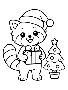 A cute red panda coloring page featuring a Santa hat, a gift box, and a small tree.