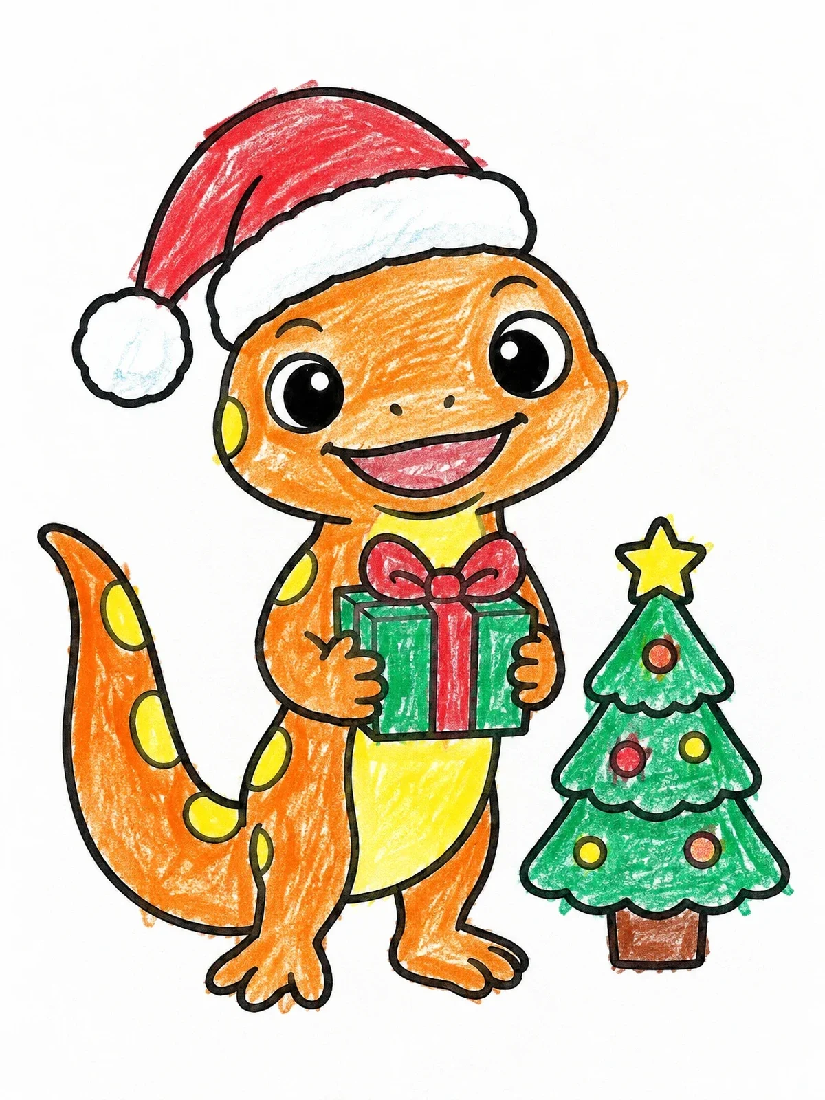 Colored example of the Cute Christmas Salamander With Present coloring page
