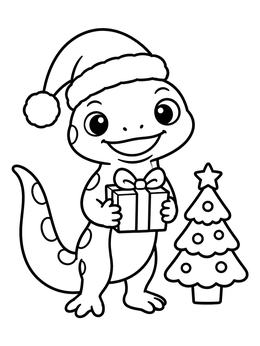 A cheerful cartoon salamander coloring page featuring a Santa hat, gift, and Christmas tree.