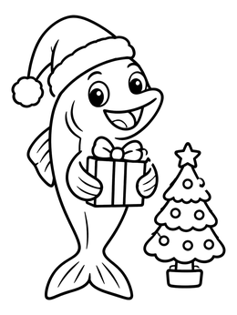 Free printable Cheerful Christmas Salmon With Gift coloring page