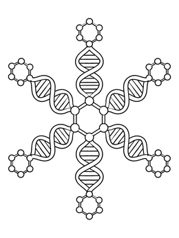 A symmetrical snowflake formed from DNA double helices and molecular rings on this christmas science coloring page.