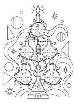 A festive chemistree with bubbling flasks on this christmas science coloring page.