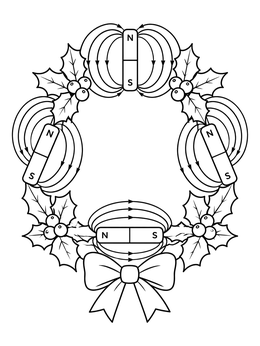 A holiday wreath with magnets and field lines on this christmas science coloring page.