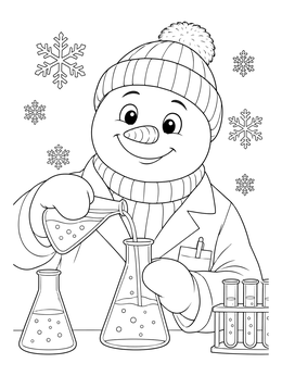A friendly snowman in a lab coat is featured in this christmas science coloring page.