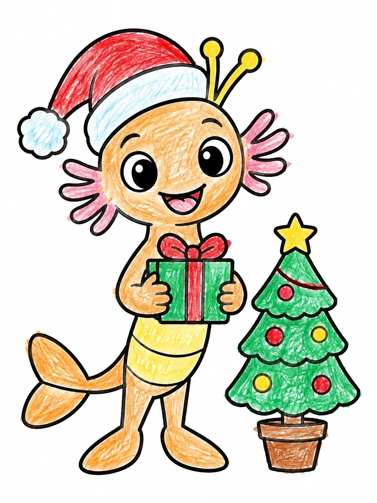 Colored example of the Festive Sea Monkey With Christmas Present coloring page