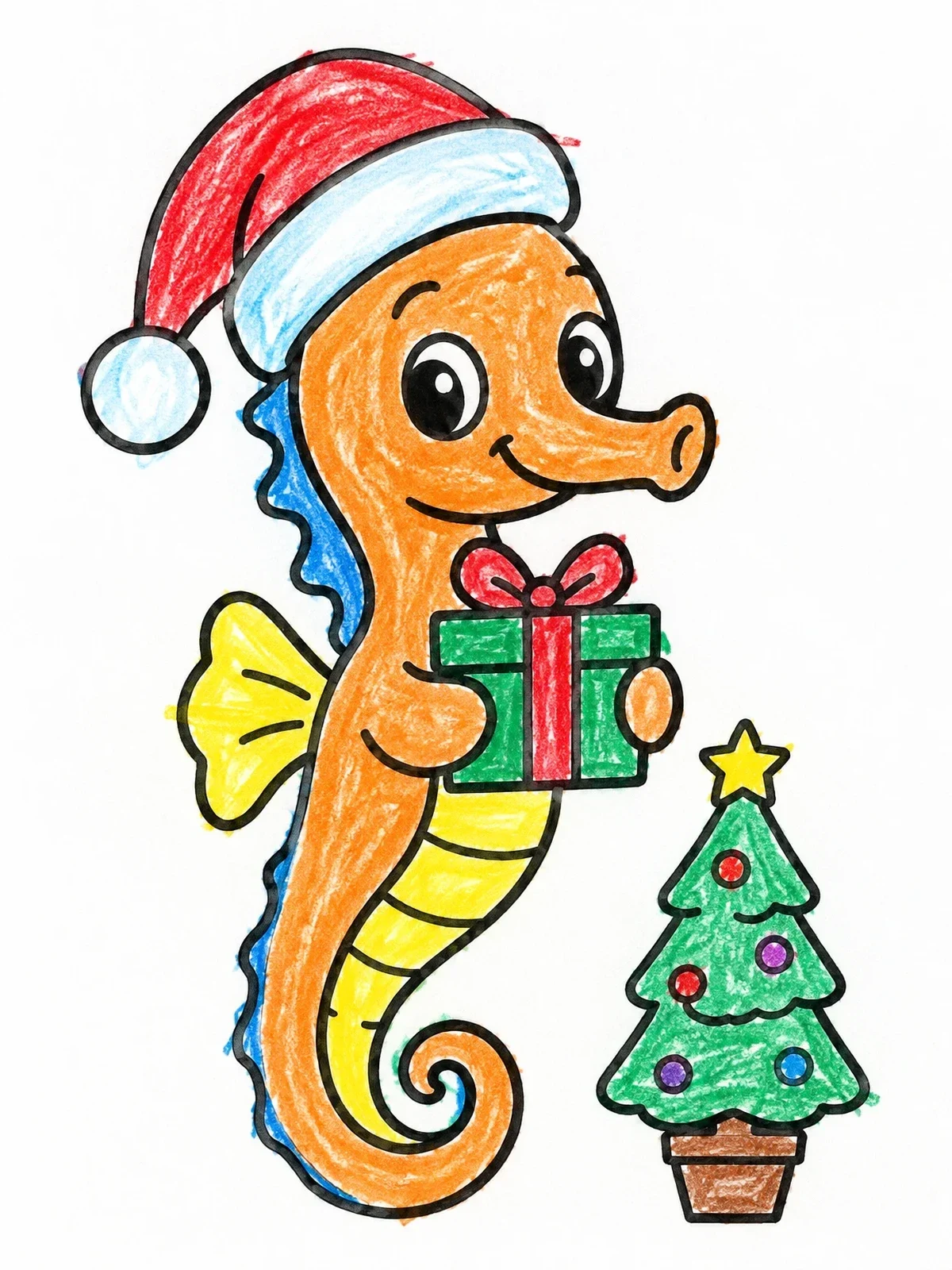 Colored example of the Christmas Seahorse With Gift And Tree coloring page