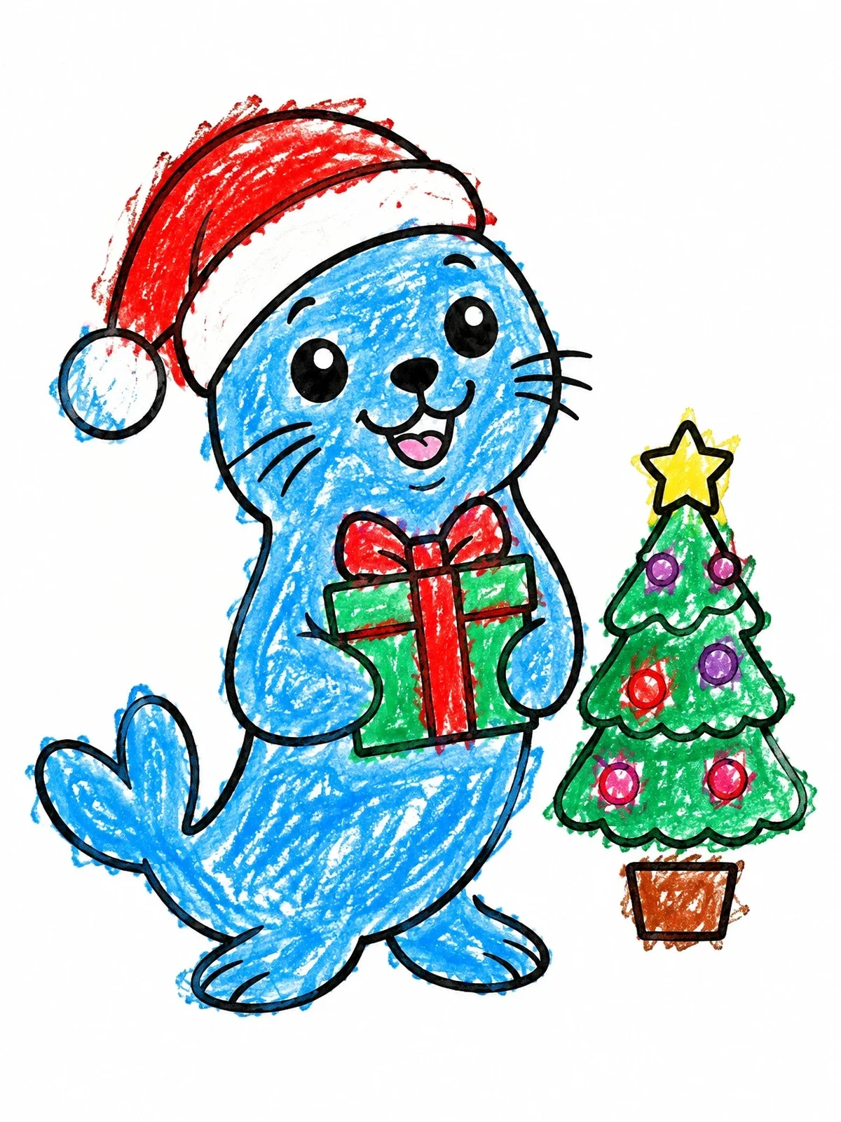 Colored example of the Cute Christmas Seal With Gift coloring page