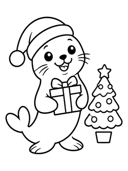 A festive seal coloring page with a cute seal in a Santa hat holding a gift.