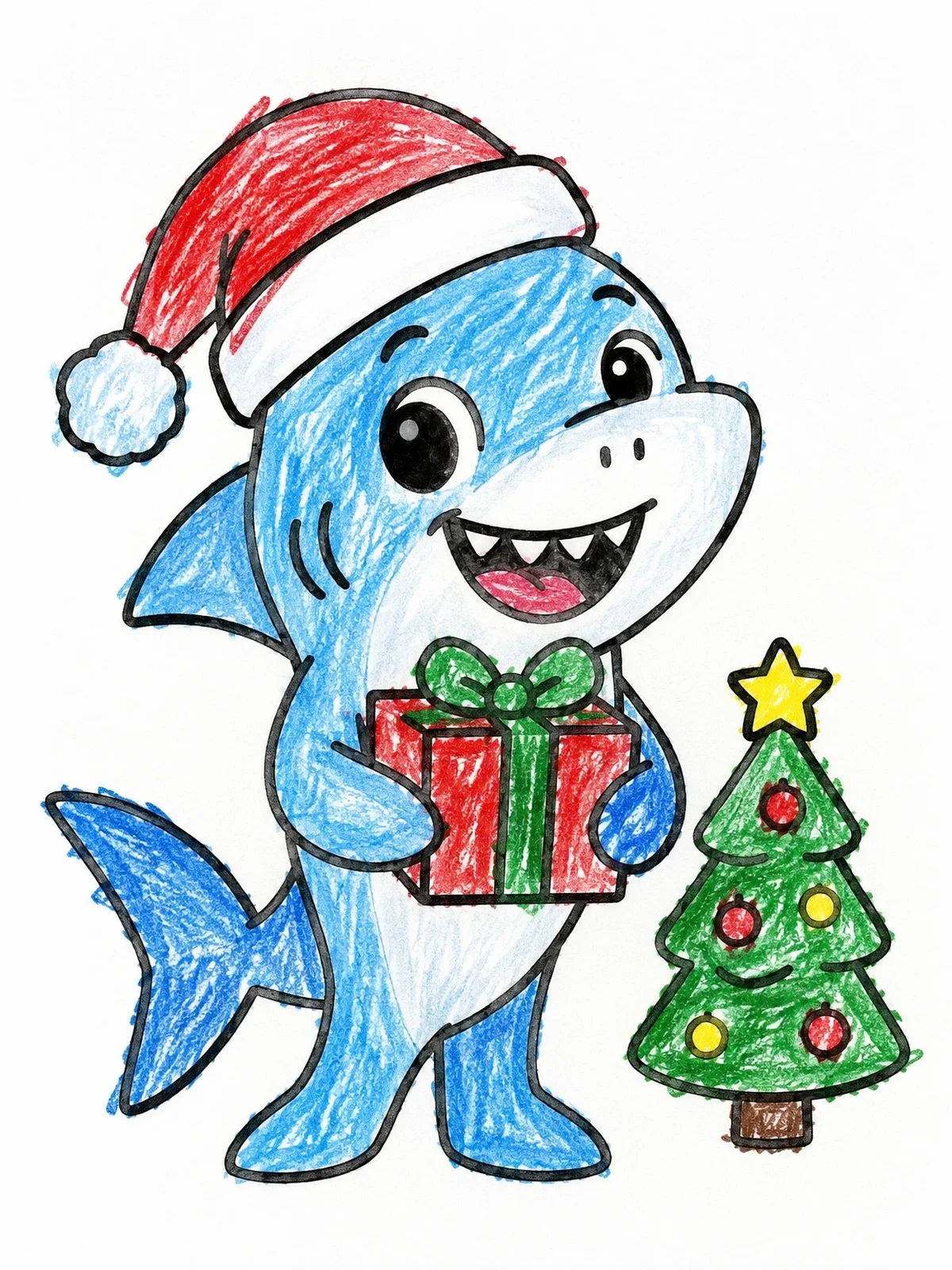 Colored example of the Cute Christmas Shark With Gift coloring page