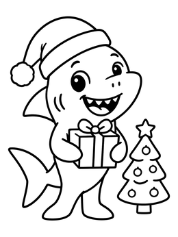 A cheerful cartoon shark wearing a Santa hat holds a gift on this shark coloring page.