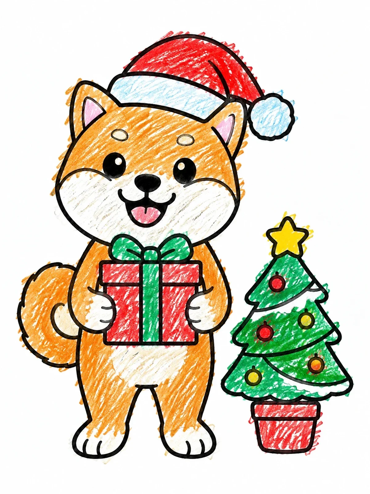Colored example of the Christmas Shiba Inu With Gift coloring page