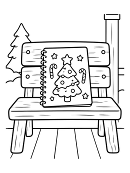 Free printable Christmas Sketchbook On Wooden Bench coloring page