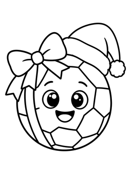 A cheerful soccer ball coloring page featuring a Santa hat and big gift bow.