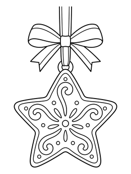 Gingerbread star coloring page decorated with icing swirls hanging from a festive bow ribbon.