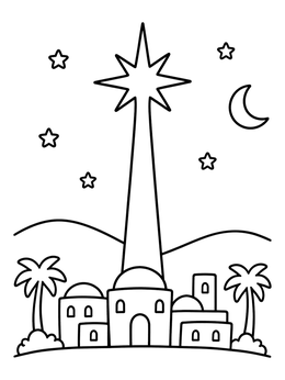 Free printable Christmas Star Shining Over Bethlehem coloring page