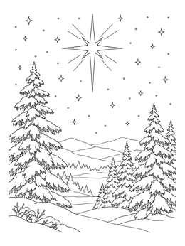 A serene night landscape in this christmas star coloring page featuring snowy pines and hills.