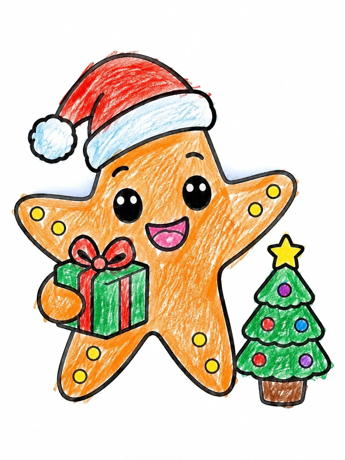 Colored example of the Cute Christmas Starfish With Gift coloring page
