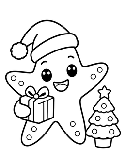 A happy cartoon starfish coloring page with a Santa hat holding a wrapped gift next to a small tree.