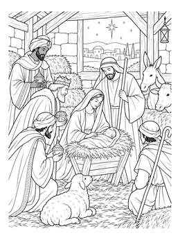 A detailed christmas story coloring page featuring Mary, Joseph, and the wise men around the manger.