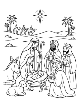 Free printable Nativity Scene With The Three Wise Men coloring page