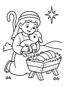 Free printable Shepherd Boy With Lamb By Manger coloring page