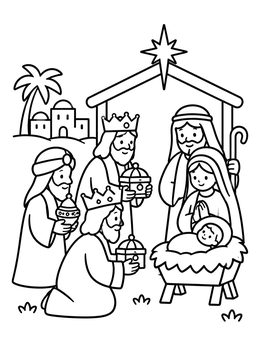 Free printable Wise Men At The Nativity Stable coloring page
