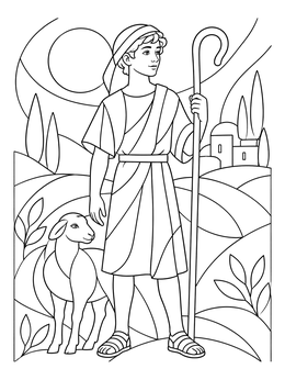 A young shepherd and lamb on this christmas story coloring page with rolling hills in the background.