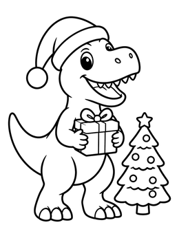 A cheerful t rex coloring page featuring a cute dinosaur in a Santa hat holding a wrapped gift.
