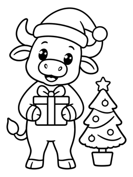 Free printable Christmas Taurus Bull With Gift coloring page