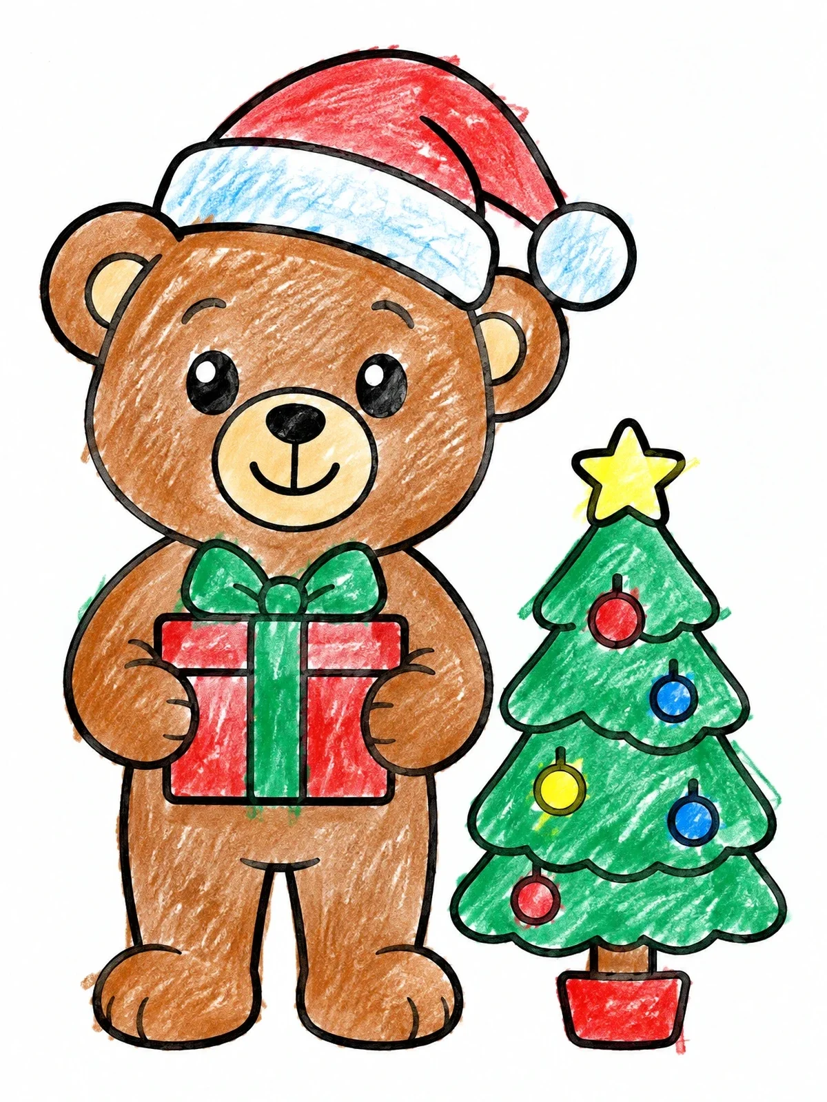 Colored example of the Christmas Teddy Bear With Gift coloring page