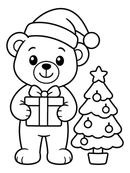A cute teddy bear coloring page featuring a Santa hat, wrapped present, and mini Christmas tree.