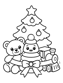 A cute toy coloring page featuring a teddy bear, stacking ring, and train tied with a ribbon under a tree.
