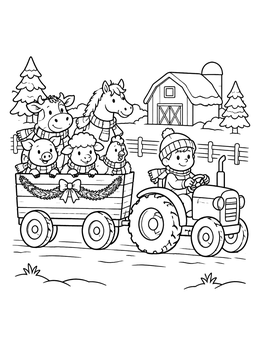 Free printable Christmas Tractor With Farm Animals coloring page