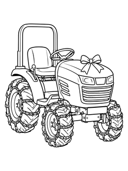 A festive christmas tractor coloring page showing a compact yard tractor with snow chains and a holiday bow.