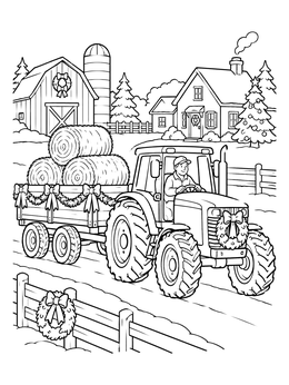 A festive christmas tractor coloring page with hay bales on a farm road.