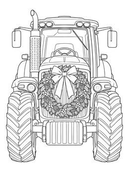 Front view in this christmas tractor coloring page showing big tires and a holiday wreath.