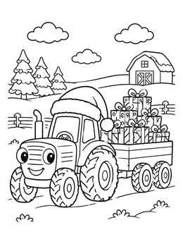 Free printable Cheerful Christmas Tractor Delivering Gifts coloring page