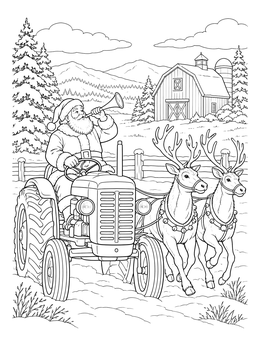 Santa drives through snow in this christmas tractor coloring page alongside running reindeer.