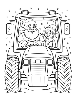 Santa Claus and a happy elf ride together in a christmas tractor coloring page.