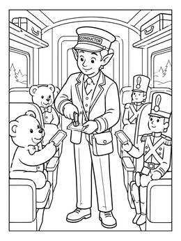 An elf conductor punches tickets on this christmas train coloring page with teddy bears and toy soldiers.